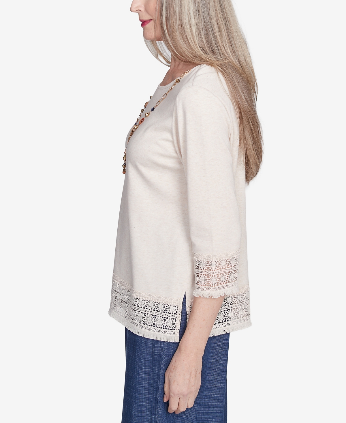Alfred Dunner Plus Size Summer Solstice Lace Trimmed Knit Top With Necklace In Oatmeal