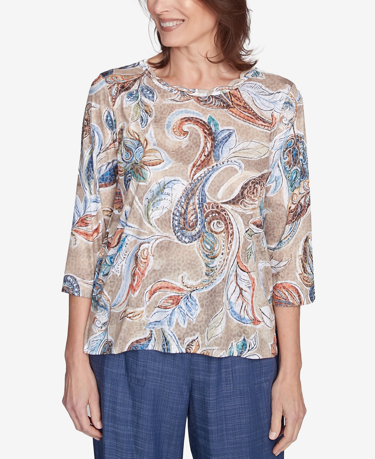 Women's Summer Solstice Twisted Crew Neck Paisley Top - Neutral