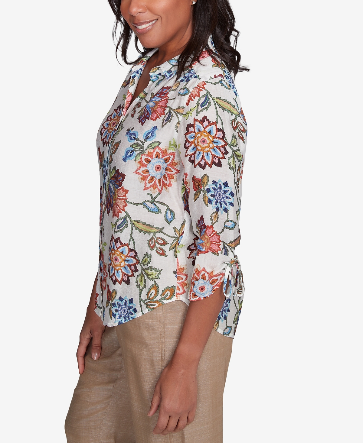 Alfred Dunner Plus Size Summer Solstice Batik Floral Button Front Top In Neutral Multi