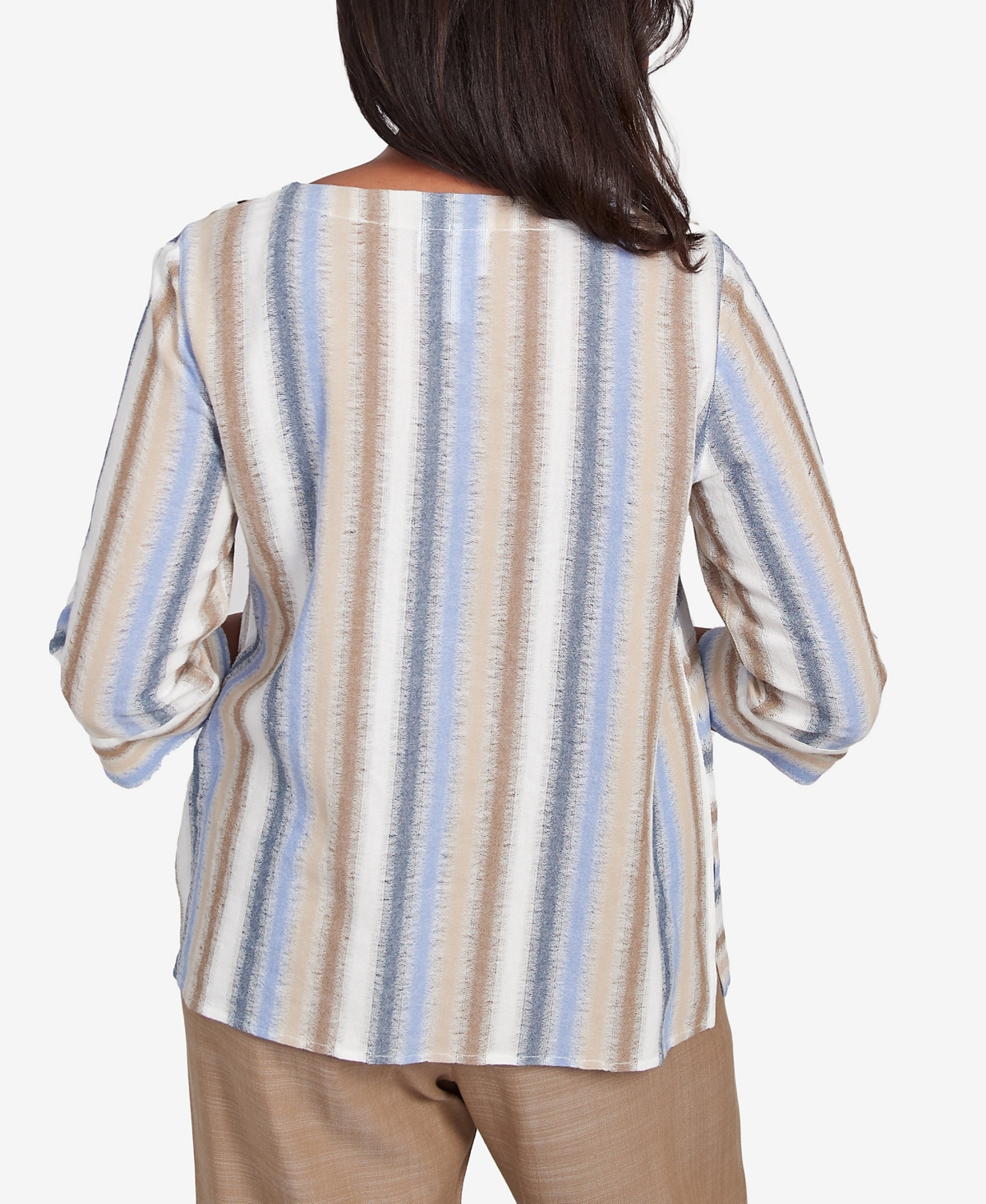 Alfred Dunner Plus Size Summer Solstice Spliced Stripe Button Shoulder Crew Neck Top In Neutral Multi