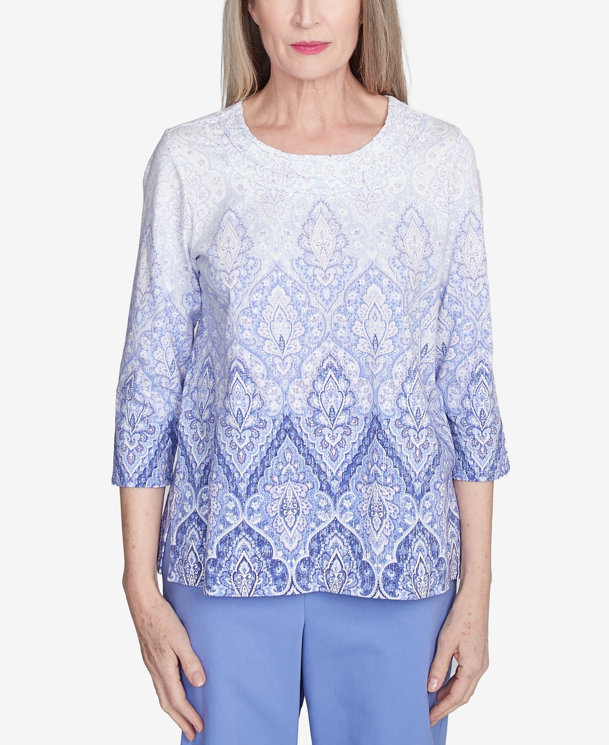 Alfred Dunner Plus Size Santa Fe Ombre Medallion Crew Neck Printed Top In Iris