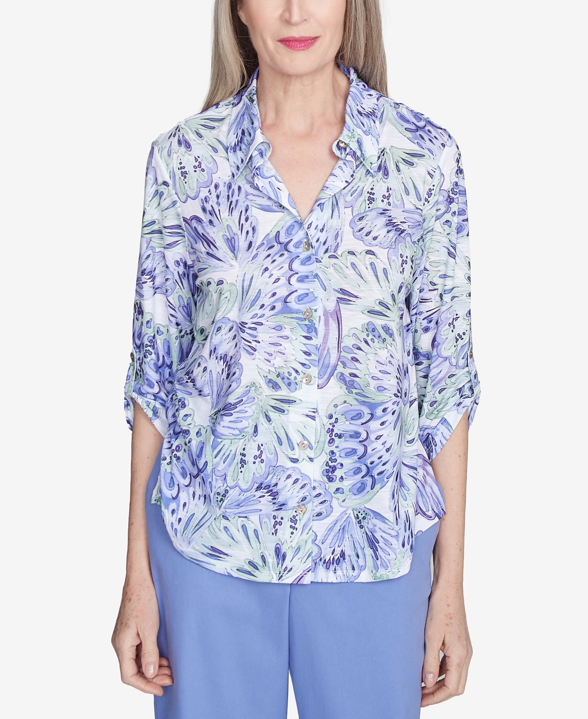 Alfred Dunner Plus Size Santa Fe Abstract Butterfly Collared Button Front Top In Iris Multi
