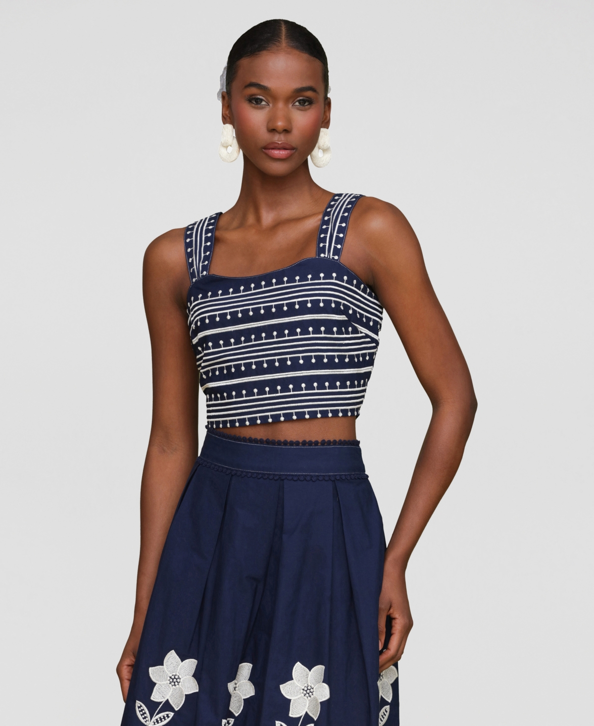 Avec Les Filles Women's Cotton Embroidered Square-neck Tank Top