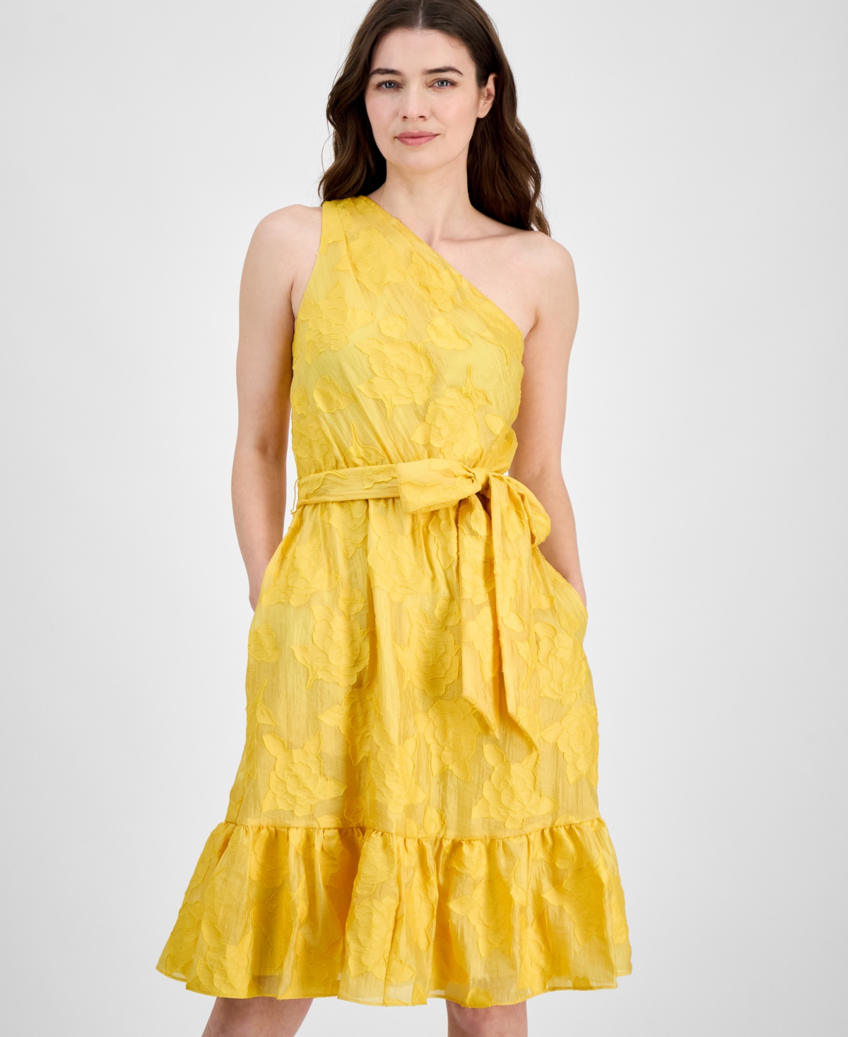 Anne Klein Floral Embroidered One-shoulder Midi Dress In Yellow