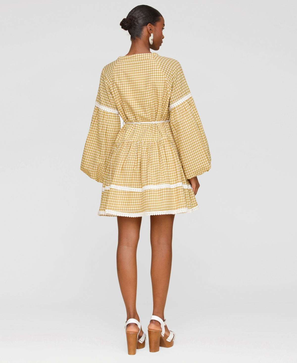 Avec Les Filles Gingham Print Long Sleeve Minidress In Brown