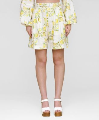 Avec Les Filles - Women's Printed Pleat-Front Belted Shorts