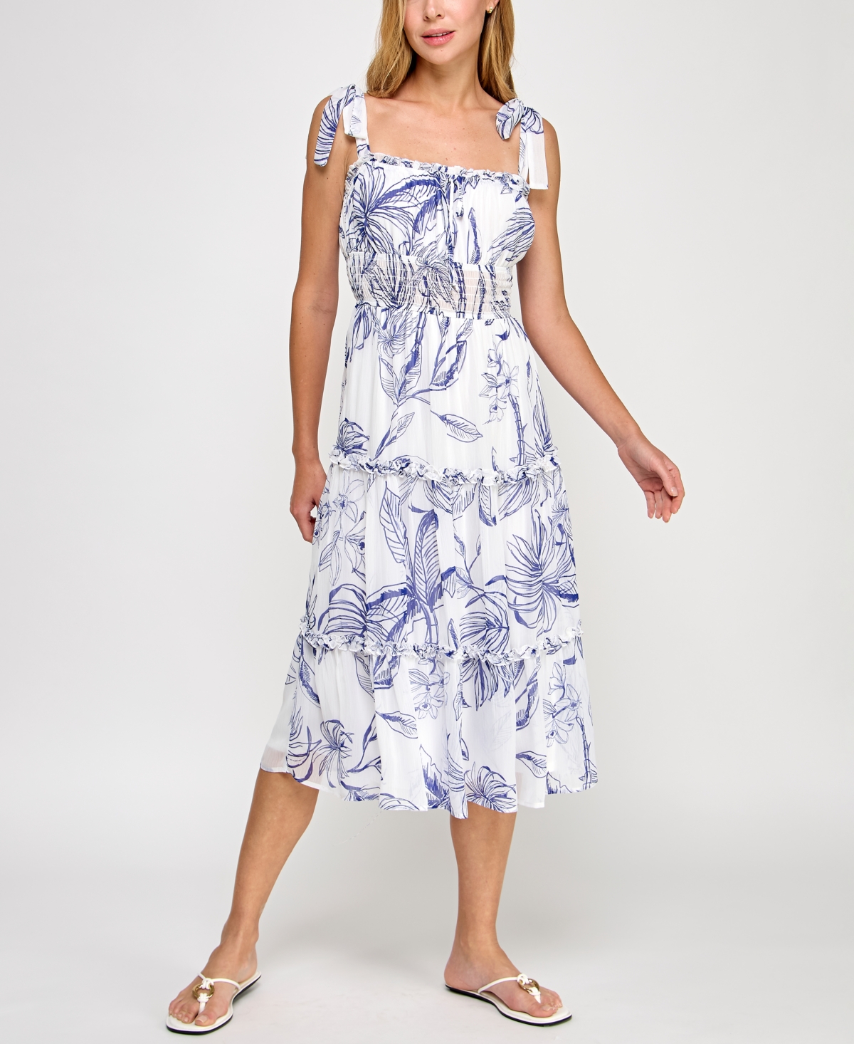 Juniors' Printed Tie-Shoulder Midi Dress - White Blue Floral