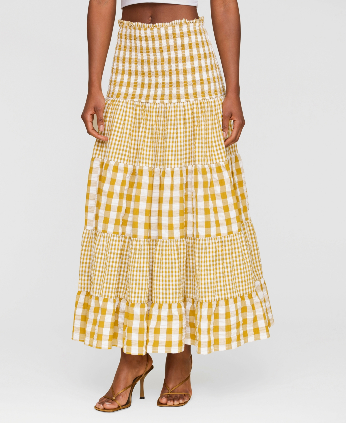 Avec Les Filles Mixed Print Tiered Cotton Gingham Maxi Skirt