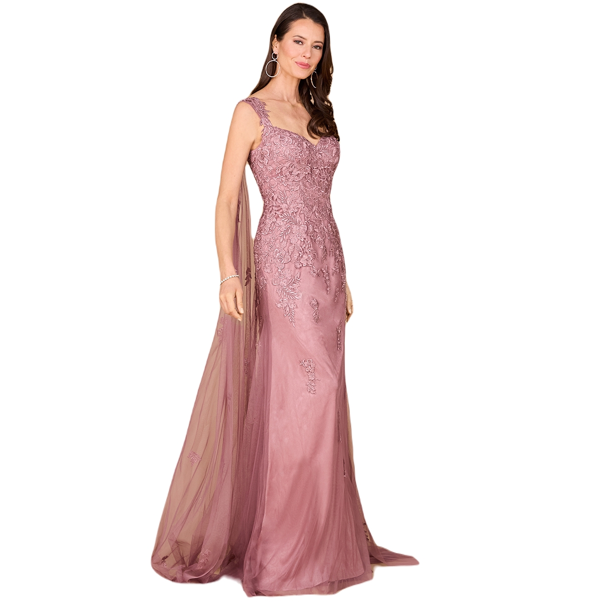 Women's Embroidered Lace Gown with Flowing Capes - Navy