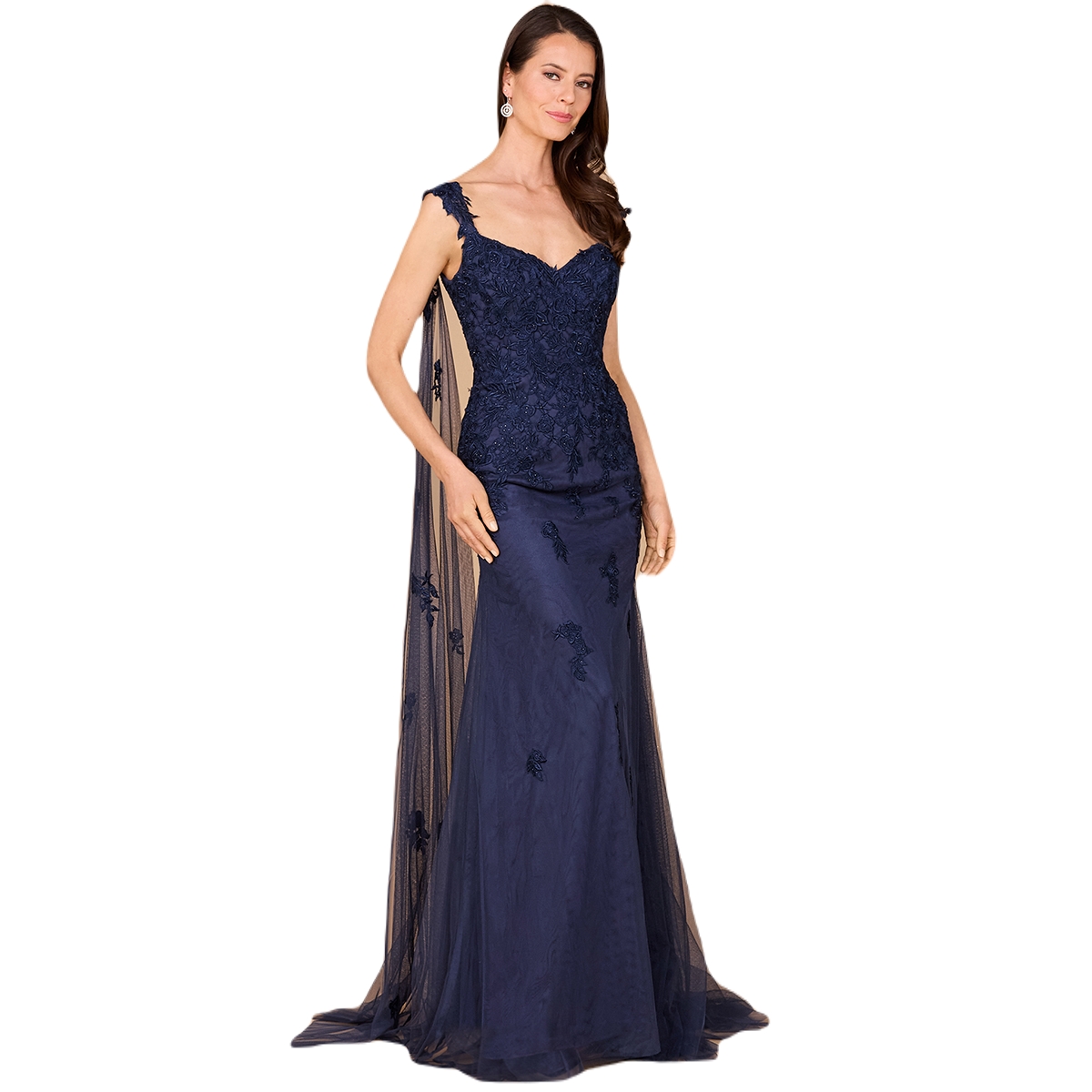 Women's Embroidered Lace Gown with Flowing Capes - Navy