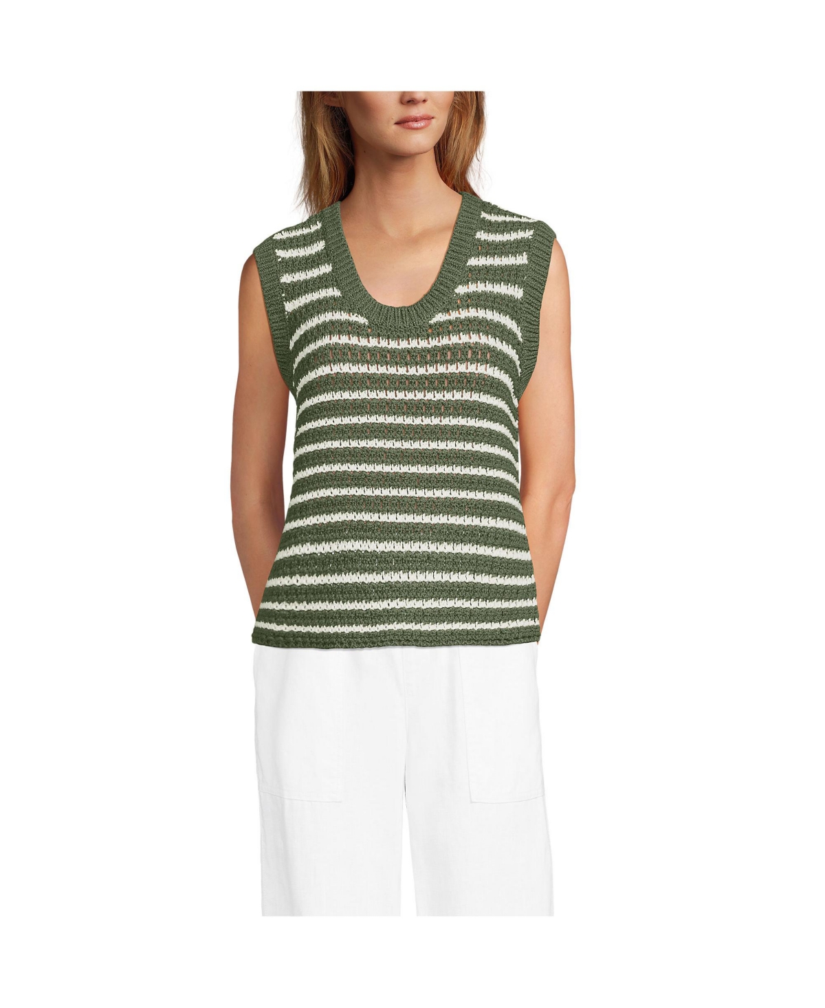 Women's Blend Texture U Neck Vest Sweater - Washed moss/ivory stripe