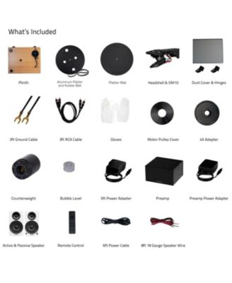 high-fidelity, Bluetooth-enabled, 90W Class D amplified vinyl turntable system with phono preamp, bookshelf speakers, OM10 cartridge.