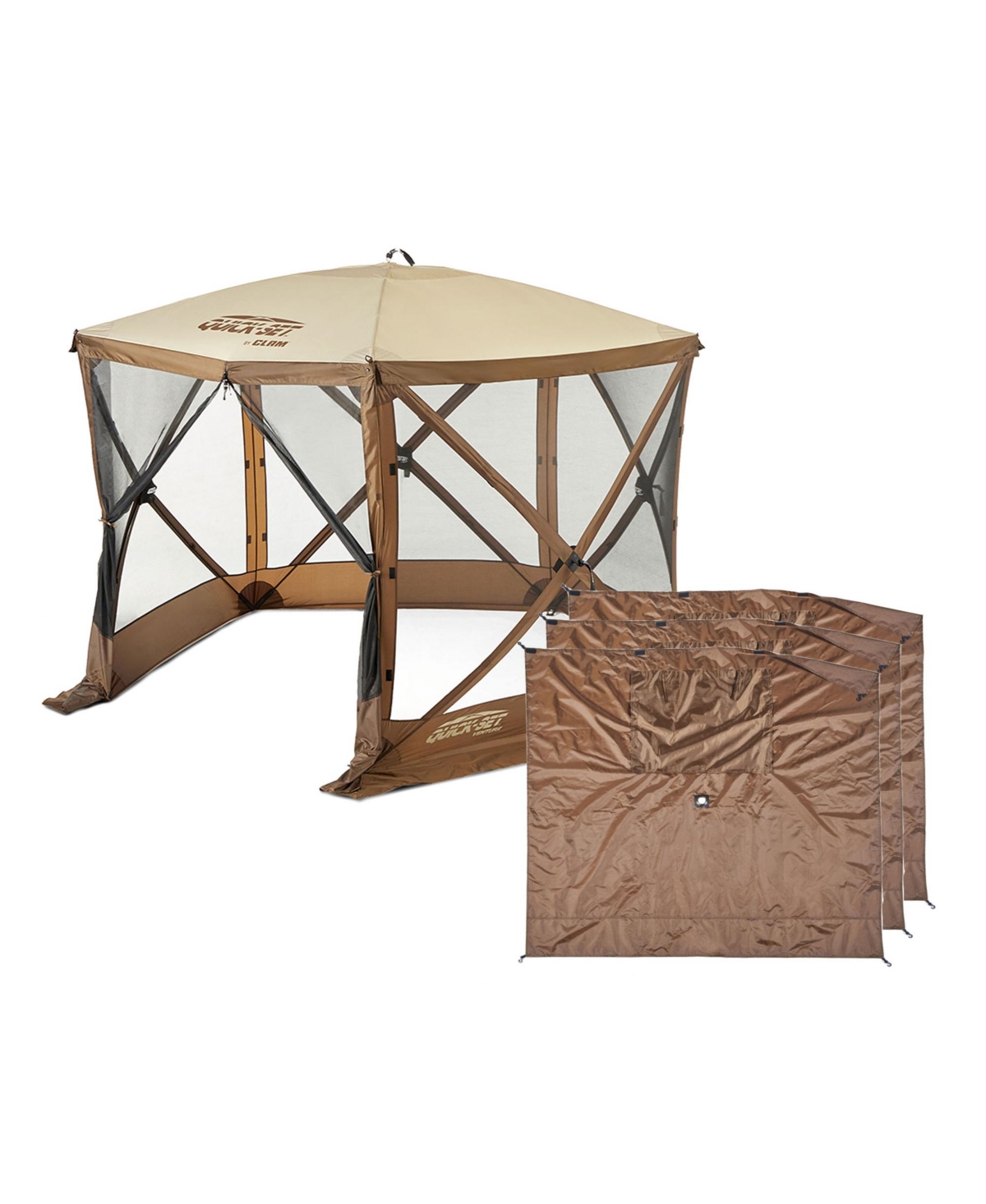 PortableCanopy Shelter, Brown w/ Clam Quick Set Wind & Sun Panels (3 Pack