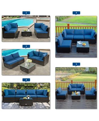 5PCS Patio Rattan Furniture Set Cushioned Sofa Chair Coffee Table