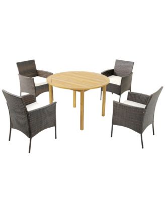 5 PCS Patio Dining Set Round Acacia Wood Table 4 Cushioned Wicker Armchairs