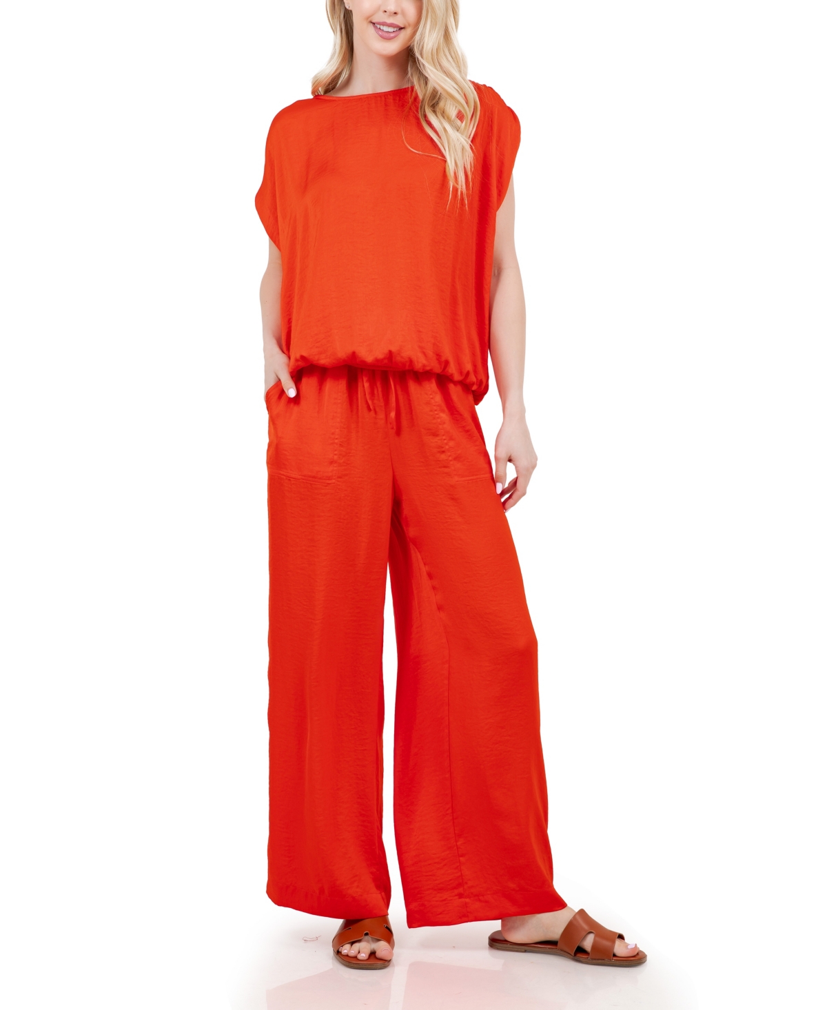 Fever Elastic Waist Drawstring Full Length Pant In Poinciana