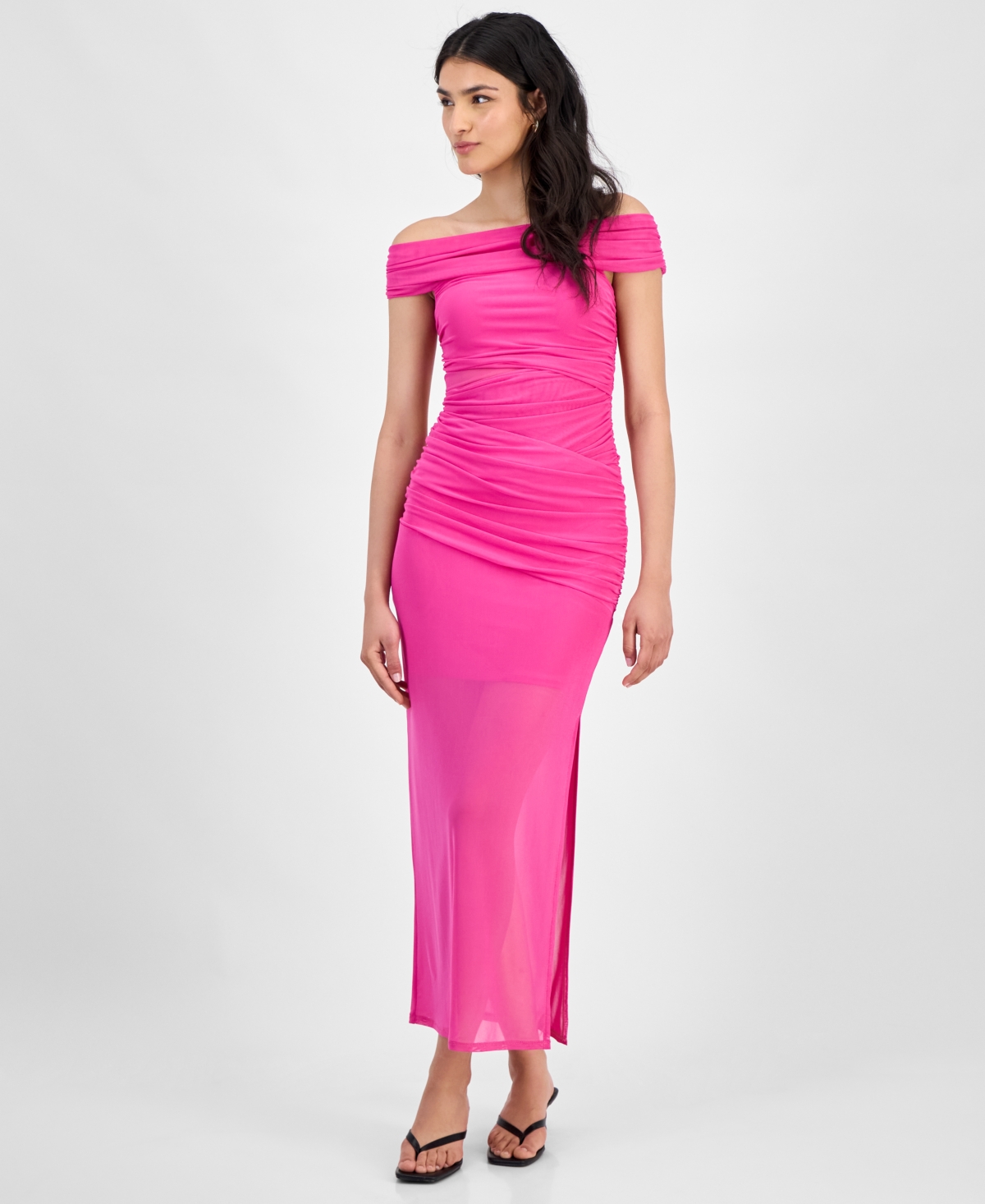 Women's Off-The-Shoulder Ruched Mesh Dress, Exclusively at Macy's - Petunia Pink