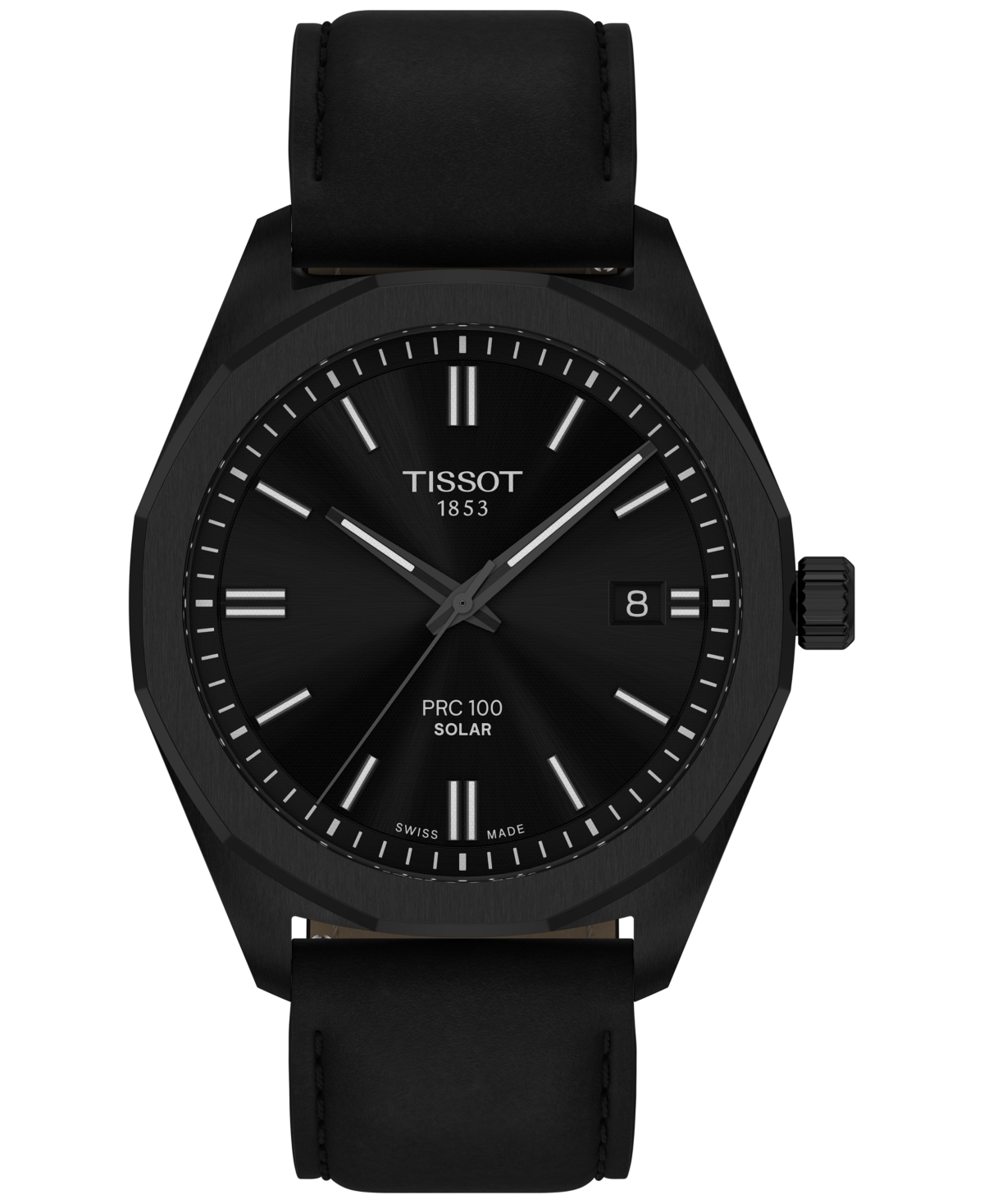 Tissot Men's Swiss Prc 100 Solar Quartz Black Leather Strap Watch 39mm In Leath.,black 20,18