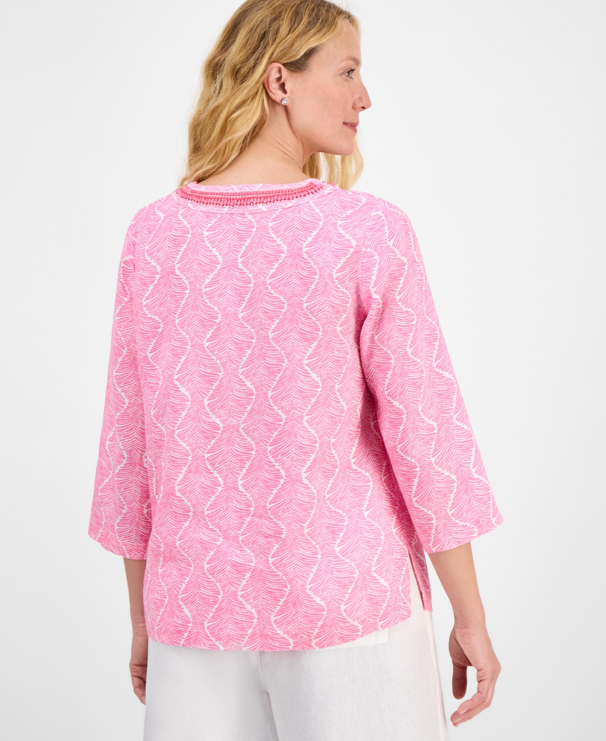 CHARTER CLUB WOMEN'S PRINTED 100% LINEN EMBELLISHED TOP, EXCLUSIVELY AT MACY'S 