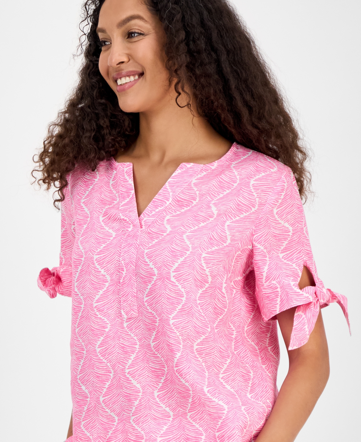 CHARTER CLUB WOMEN'S LINEN PRINTED TIE-CUFF BLOUSE, EXCLUSIVELY AT MACY'S 