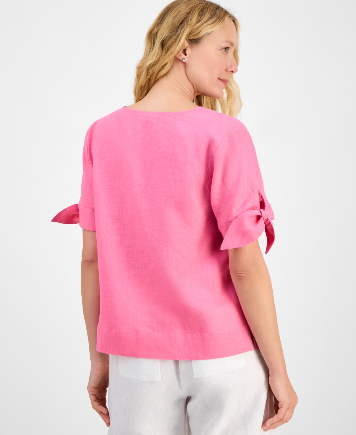 CHARTER CLUB CHARTER CLUB PLUS SIZE LINEN SOLID SPLIT-NECK TIE-CUFF TOP, EXCLUSIVELY AT MACY'S 