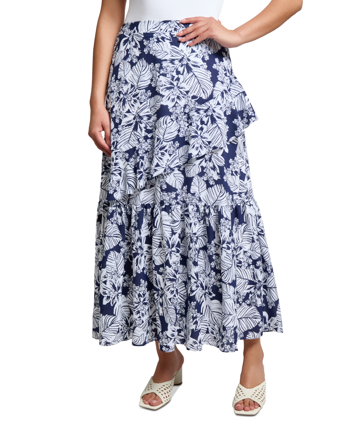 Petite Printed Ruffled Maxi Skirt - Pacific Navy Multi