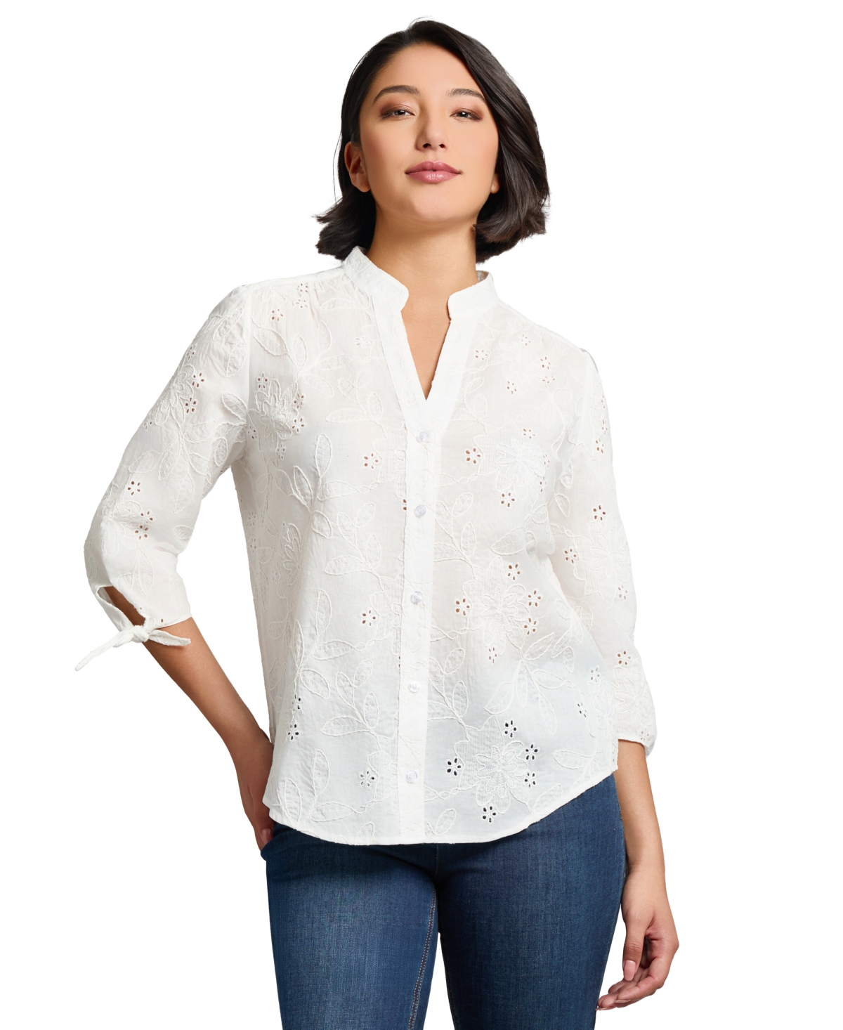 Petite Cotton Y-Neck Shirt - Nyc White