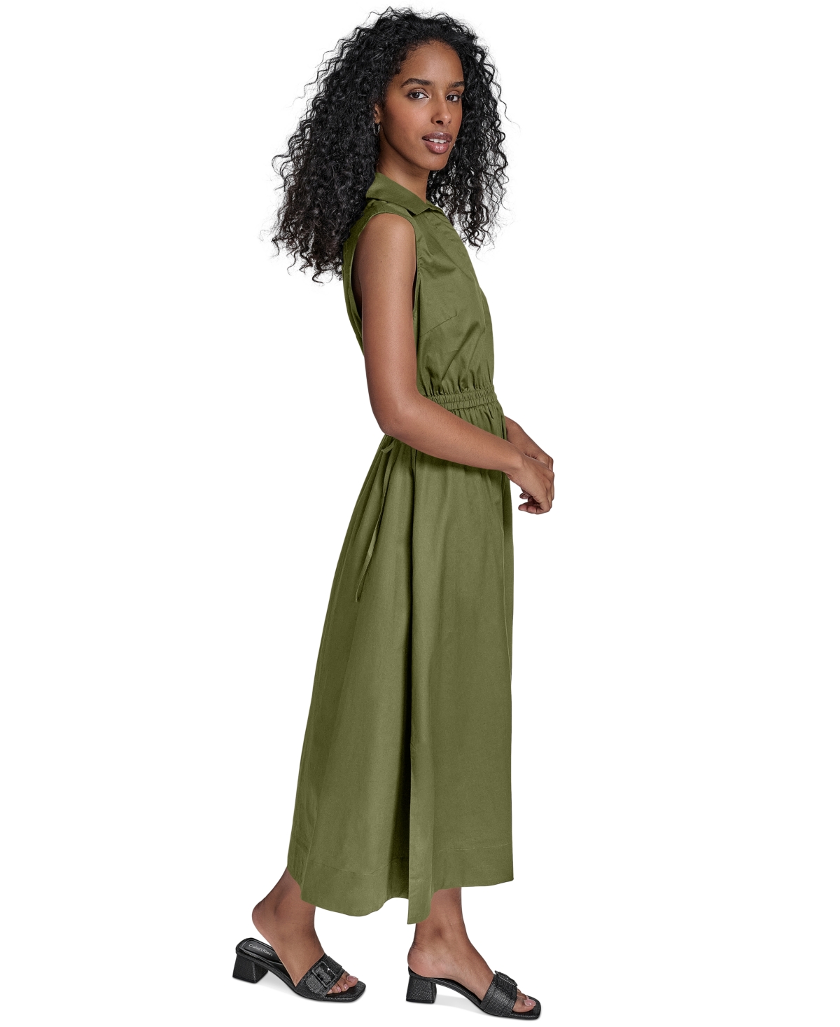Shop Calvin Klein Women's Cotton Drawstring Sleeveless Midi Dress In Light Olive