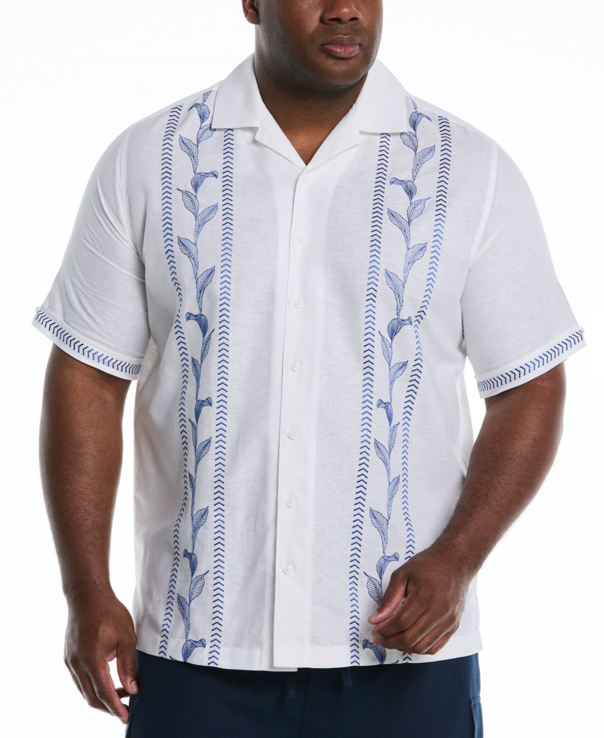 Men's Big & Tall Classic-Fit Leaf Embroidered Panel Linen Blend Button-Down Camp Shirt - Brilliant White