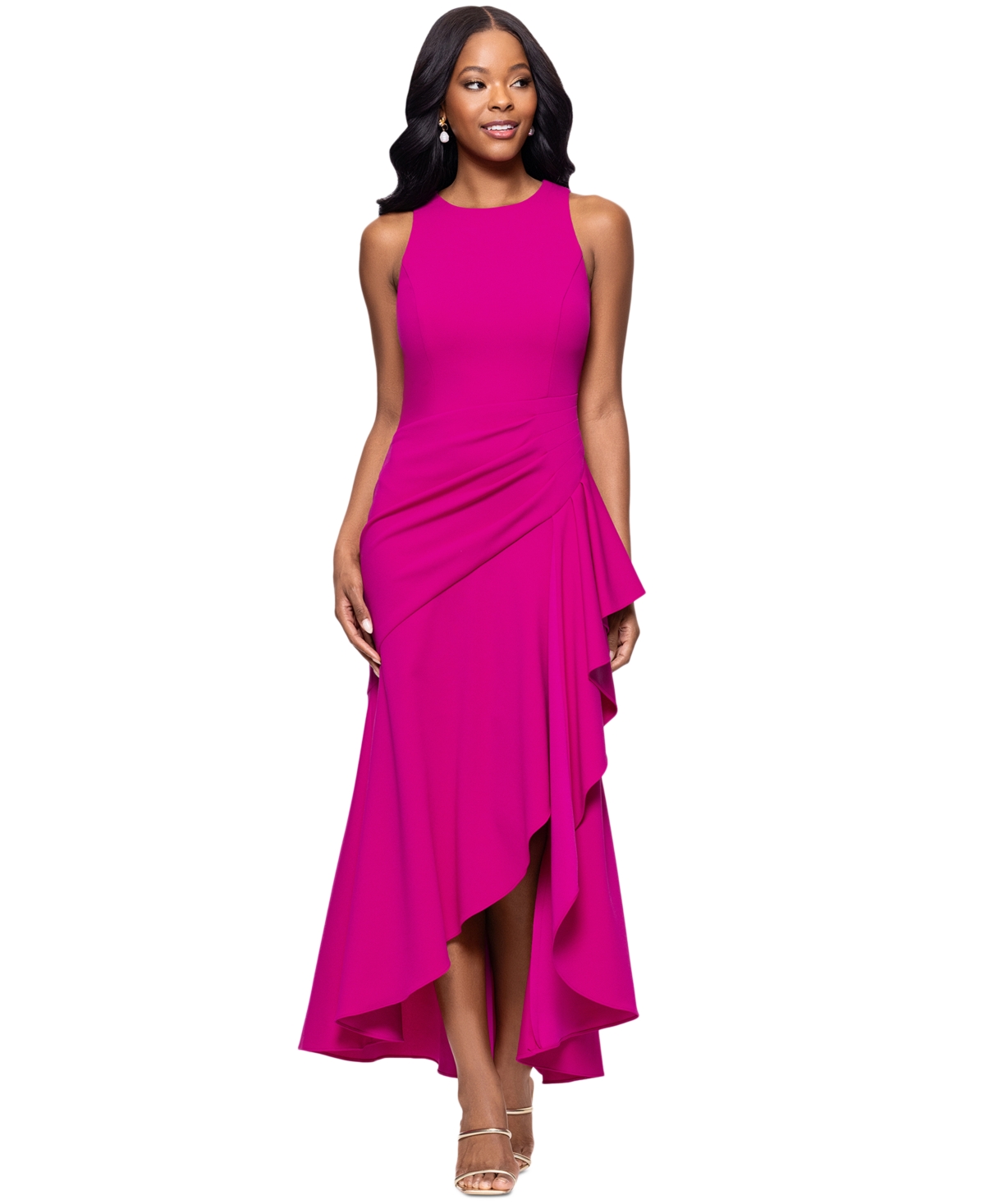 Women's Scuba Sleeveless Ruffled-Slit Dress - Fuchsia