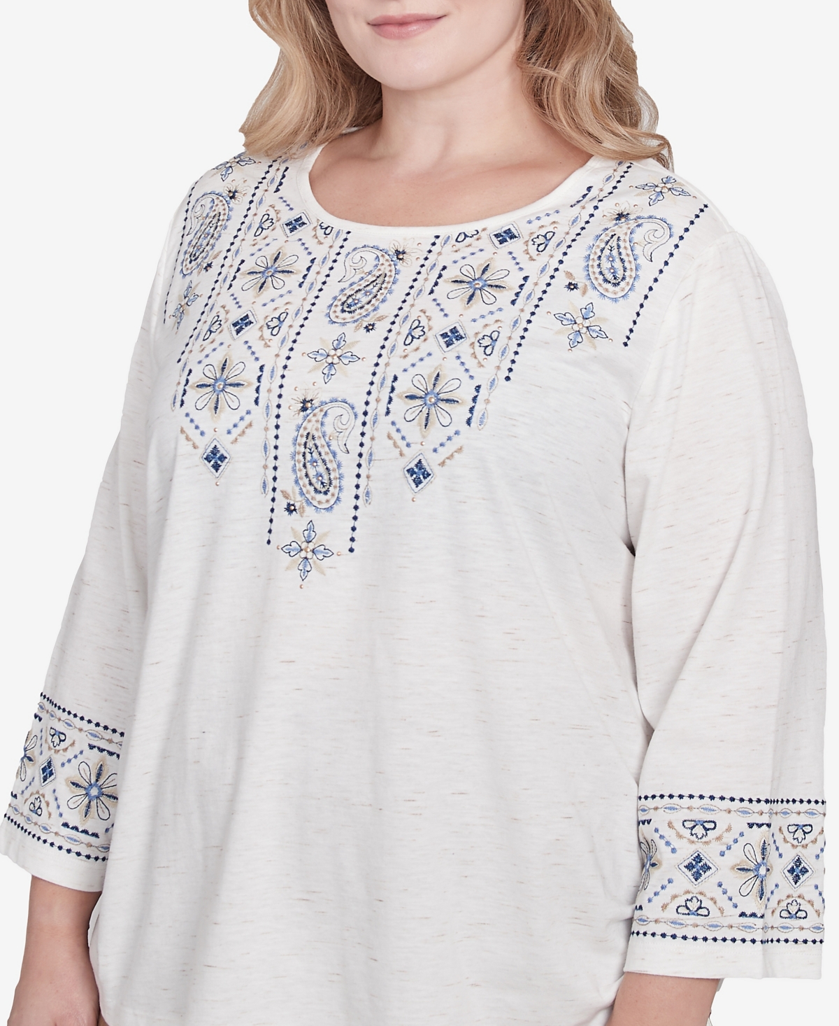 Alfred Dunner Plus Size Summer Solstice Linear Embroidered Tie Sleeve Top In Linen