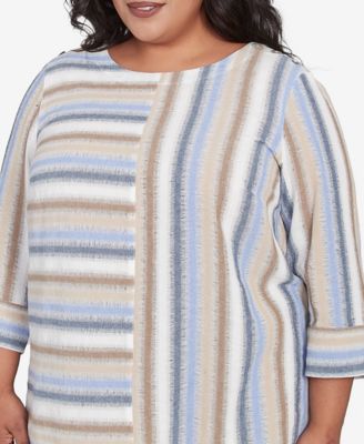 Plus Size Summer Solstice Spliced Stripe Button Shoulder Crew Neck Top