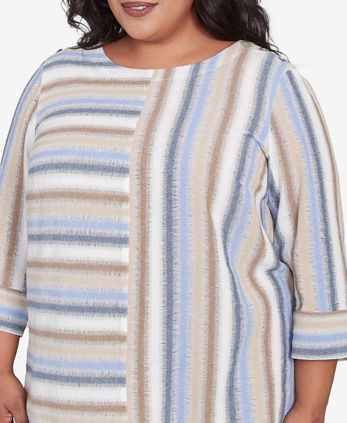 Alfred Dunner Plus Size Summer Solstice Spliced Stripe Button Shoulder Crew Neck Top In Neutral Multi
