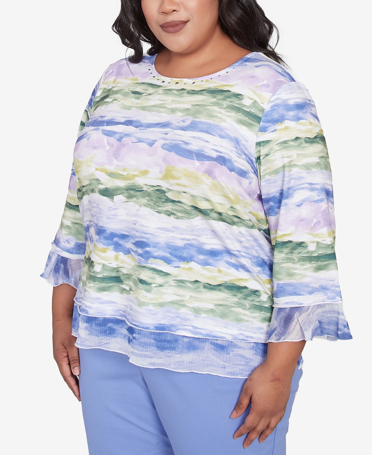 Alfred Dunner Plus Size Santa Fe Watercolor Biadere Striped Crew Neck Top In Iris Multi