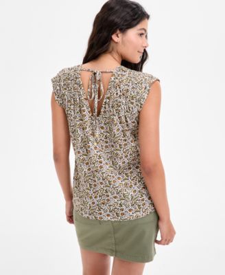 Women's Printed Ruched-Shoulder V-Neck Top