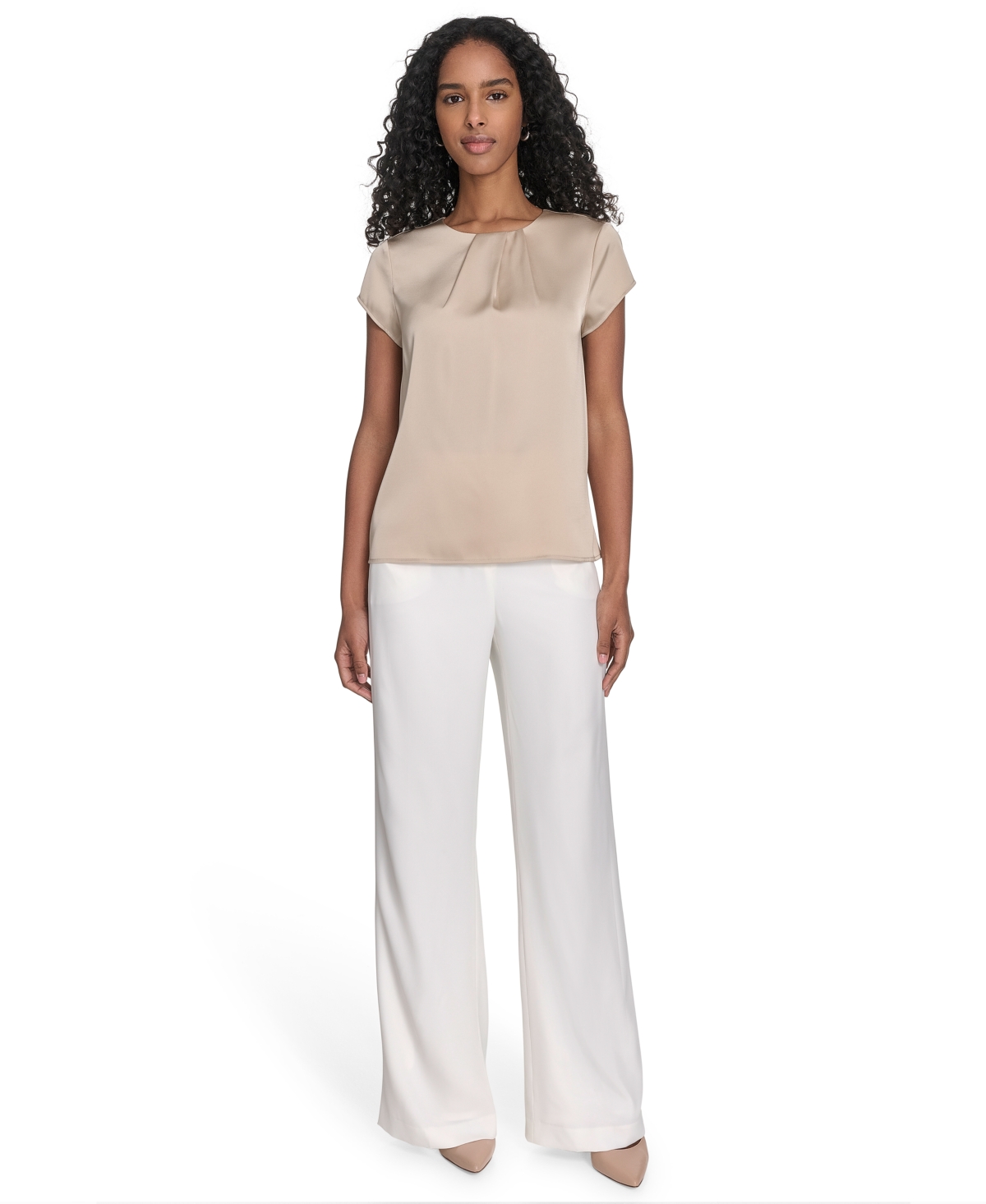 Calvin Klein Women's Cap Sleeve Satin Pleat-neck Blouse