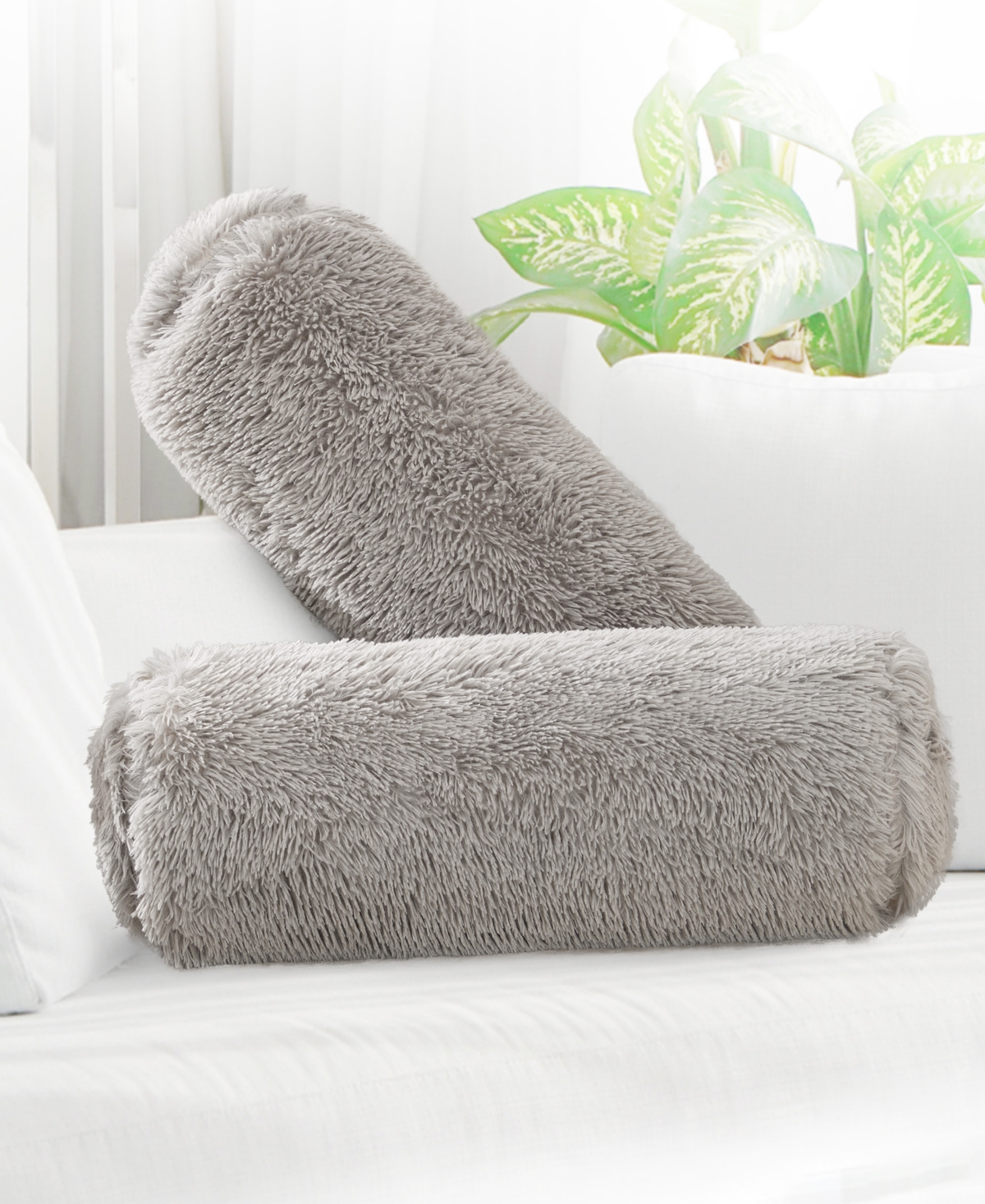 Cheer Collection Shaggy Bolster Decorative Pillow Set, 8" X 24" In Gray
