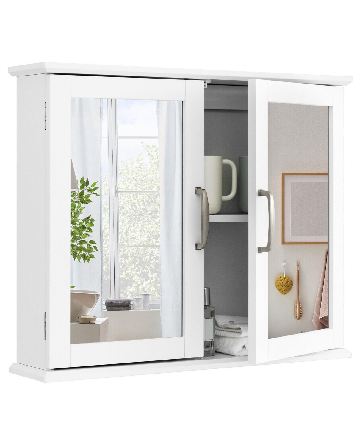 Bathroom Medicine Cabinet 2-Tier Wall-Mounted Mirror Storage Cabinet W/Handles - White