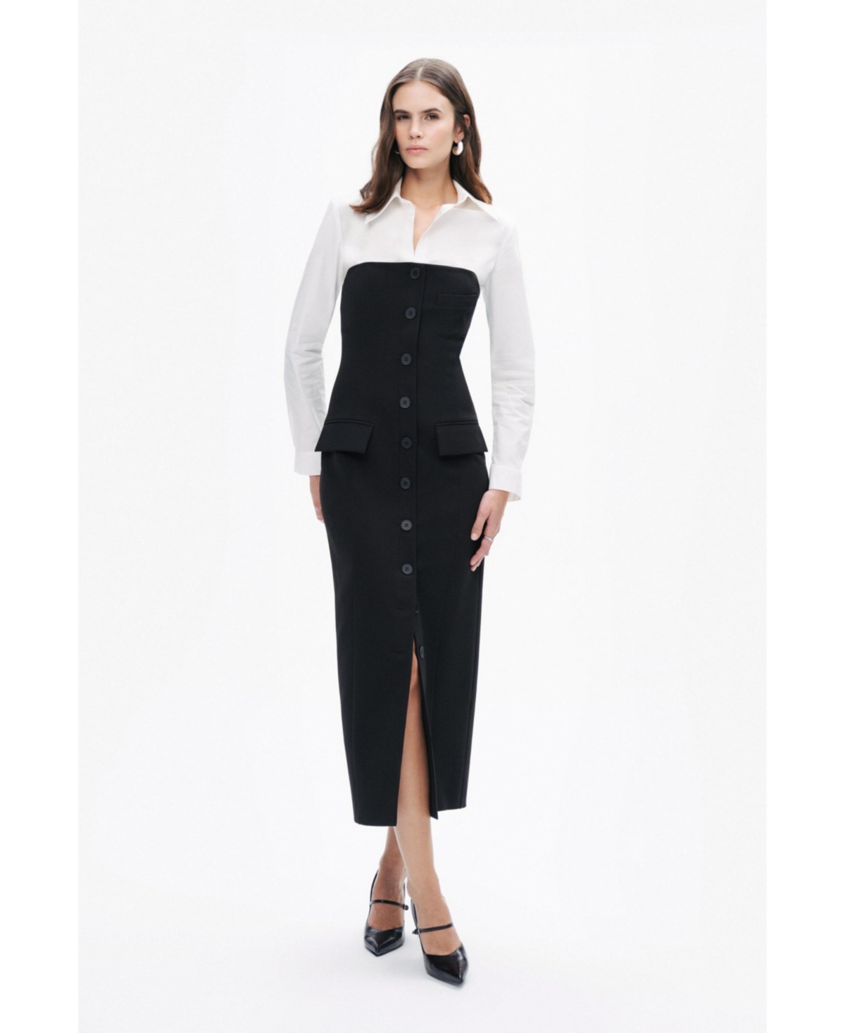 Women's Shirt Detail Midi Dress - Black