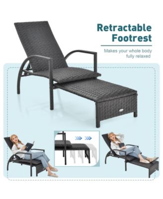 Patio Chaise Lounge Outdoor Rattan Lounge Chair with Retractable Ottoman