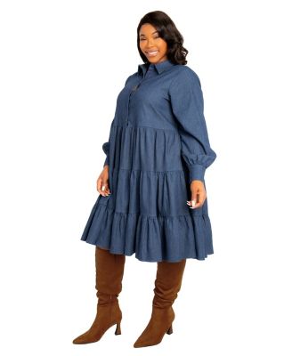 Plus Size Denim Long Sleeve Tiered Shirt Dress