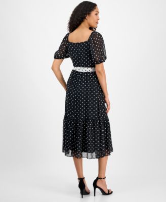 Women's Dot-Print Short-Sleeve Midi Chiffon Dress