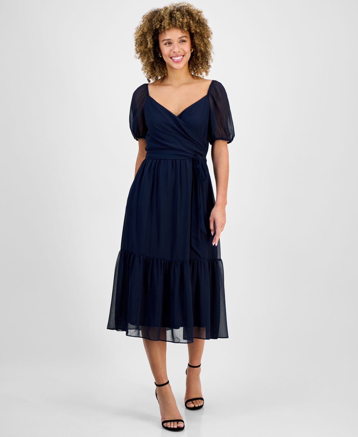Women's Puff-Sleeve Belted Midi Dress - Navy