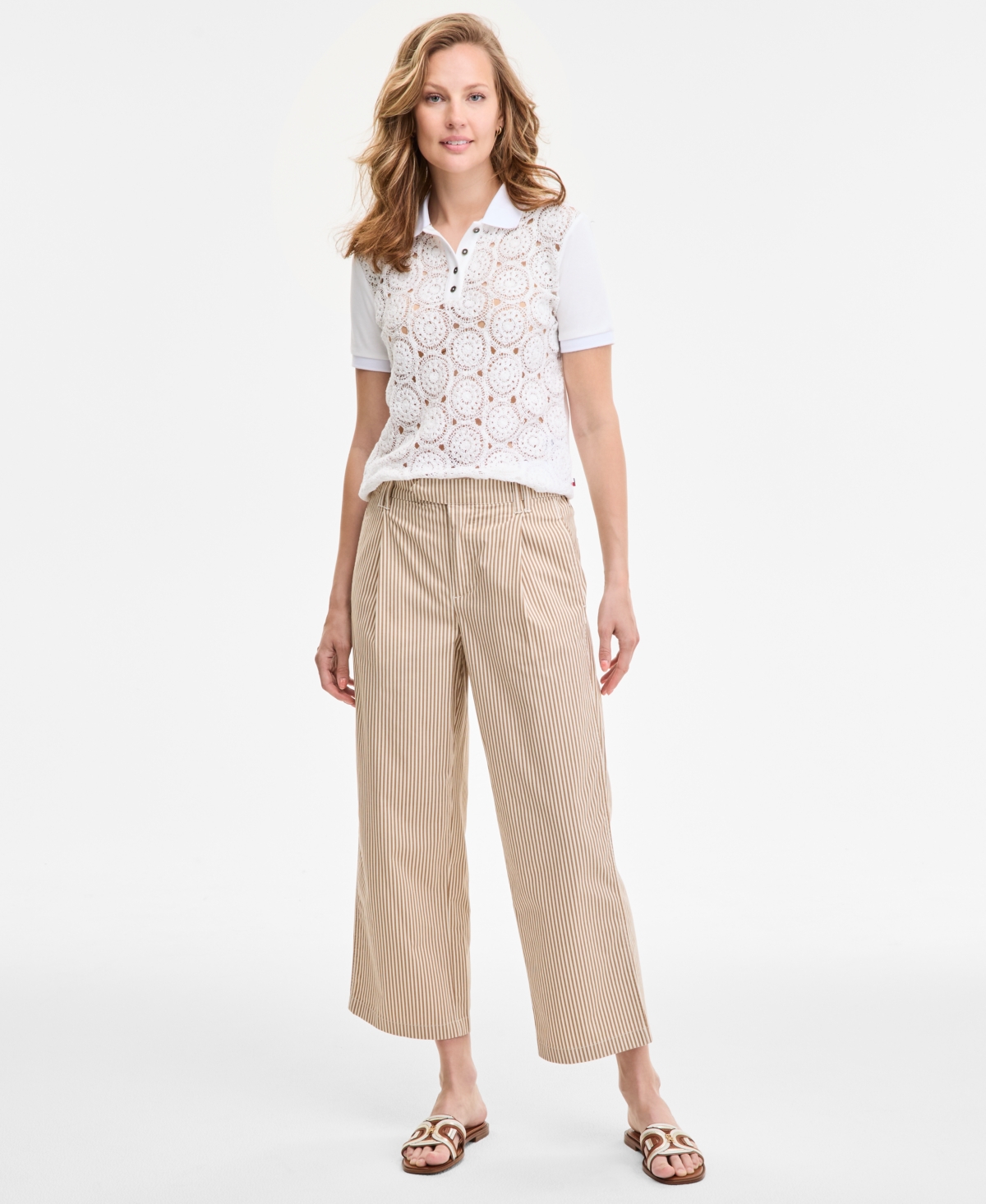 Tommy Hilfiger Women's Striped Extended-tab Cropped Pants