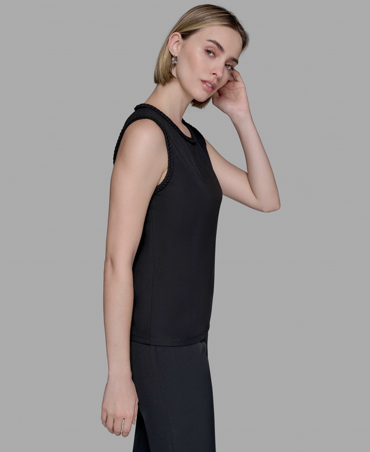 Karl Lagerfeld Women's Braided-trim Sleeveless Top In Black