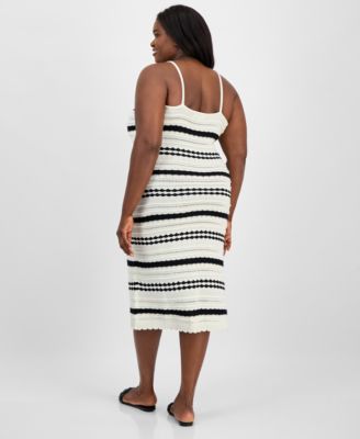 Trendy Plus Size Striped Pointelle Knit Sleeveless Midi Dress