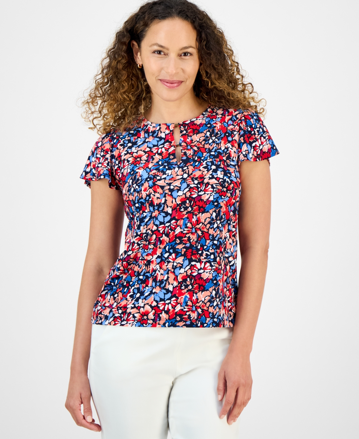 Jones New York Petite Floral-print Keyhole-neckline Top In Multi