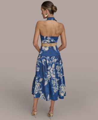 【Donna Karan New York】Halter Belted Midi Dress Donna Karan New York Women's Halter Belted Floral Print Midi