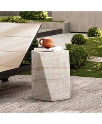 Outdoor Accent Side Table, 18'' Travertine-Style Irregular Textured Cement Patio End Table