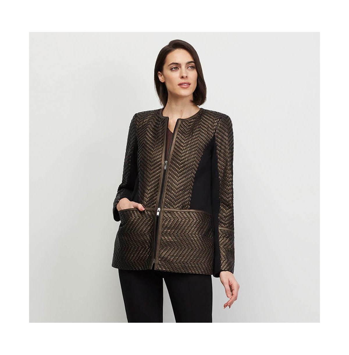 Women's Brown Basketweave Leather Jacket Liza - Chocolate brown/metallic/black